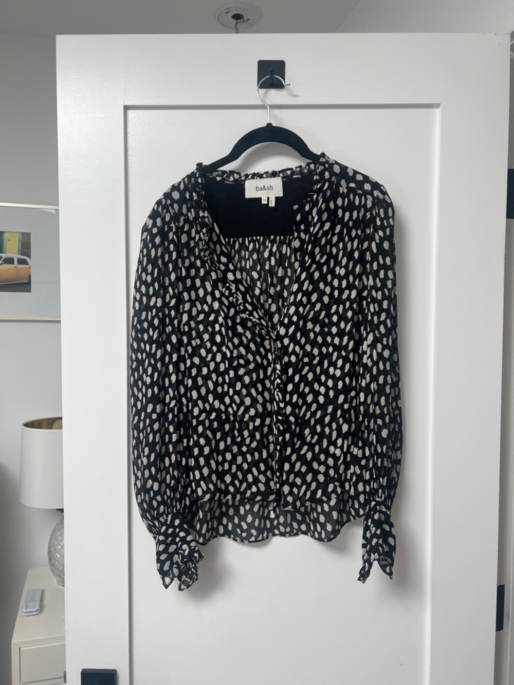ba&sh Black and White Bambi-print Long-Sleeve flowy Blouse